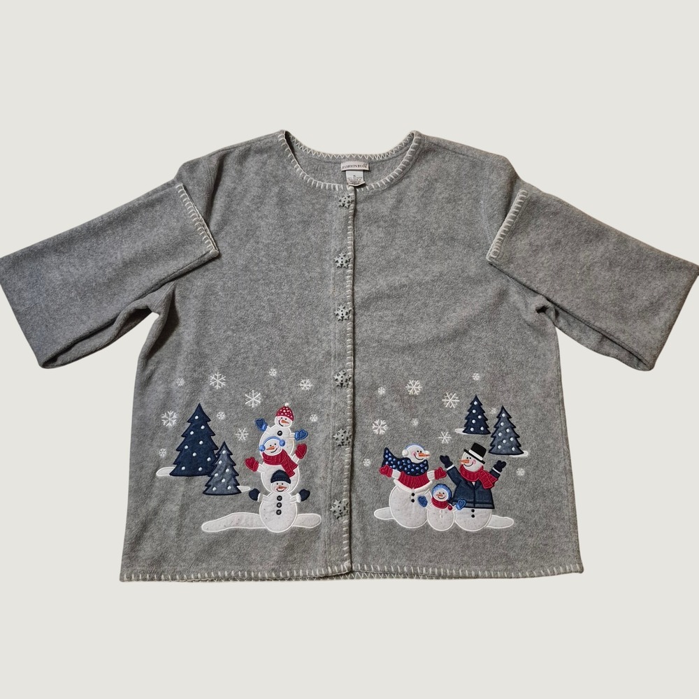 Vintage Y2K Fashion Bug Snowman Fleece Cardigan XL Christmas Holiday Gray